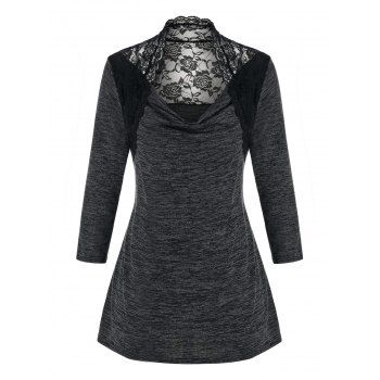 

Plus Size Space Dye Lace Insert Sheer Cowl Front Tee, Dark gray