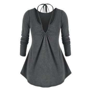 

Plus Size Drawstring Halter Casual T Shirt, Ash gray