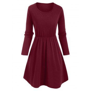 Slip Pockets Long Sleeve Tunic Dress, Deep red
