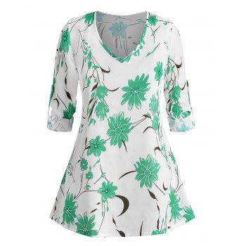 

Plus Size Roll Up Sleeve Floral Printed Blouse, Green