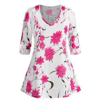 

Plus Size Roll Up Sleeve Floral Printed Blouse, Light pink