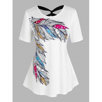 

Plus Size Feather Pattern Twist Cross Back T-shirt, White