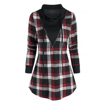 

Hooded Plaid Print Faux Twinset Blouse, Multicolor a