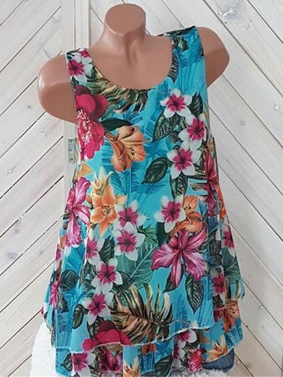 Débardeur Superposé Imprimé Fleuri de Grande Taille en Mousseline - Bleu clair XL