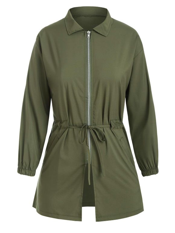 Manteau à Imprimé Lettre avec Zip en Avant Taille à Cordon - Vert profond XL