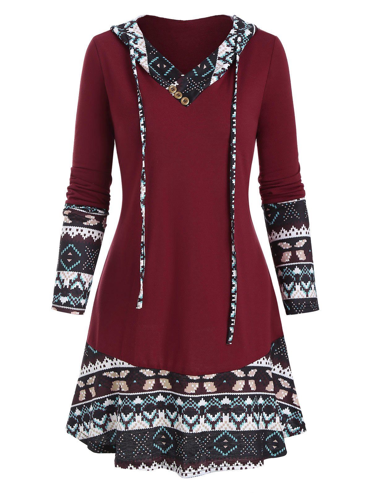 [22% OFF] 2021 Hooded Ethnic Geo Pattern Panel Tunic Top In DEEP RED ...