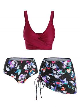 Skull Butterfly Flower Print Padded Three Piece Tankini Swimsuit
