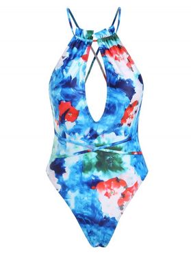 Tie Dye Floral Wrap-tie High Cut Cutout One-piece Swimsuit