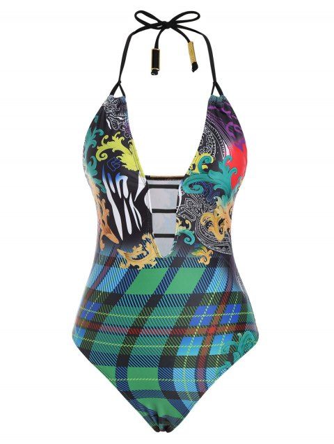 Plaid Baroque Printed Metal Ladder Cutout Halter One-piece Swimsuit