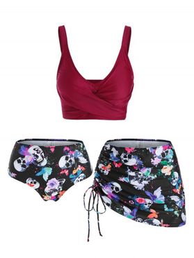 Gothic Swimwear Skull Butterfly Floral Print Crossover Three Piece Tankini Swimsuit