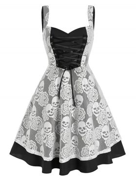 Sweetheart Neck Floral Skull Lace Insert Flare Dress