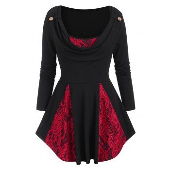 

Cowl Neck Lace Panel Long Sleeve Godet Top, Black
