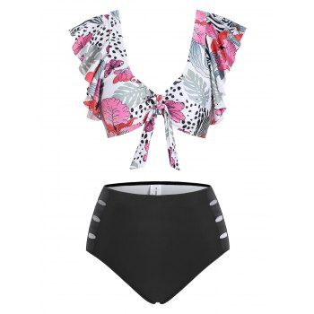 

Leopard Butterfly Floral Print Swimsuit Ruffle Cut Out Knot Tankini Swimwear, White