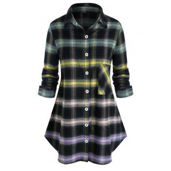 

Plus Size Plaid Pocket Button Up Round Hem Shirt, Black
