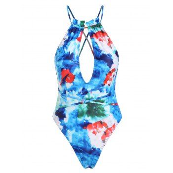

Tie Dye Floral Wrap-tie High Cut Cutout One-piece Swimsuit, Blue