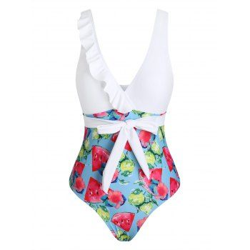 

Floral Watermelon Lemon Print Ruffle Waist Tie One-piece Swimsuit, White