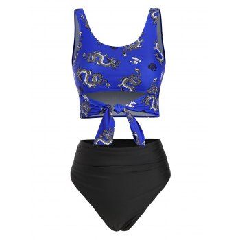 

Oriental High Rise Swimsuit Dragon Knot Contrast Tankini Swimwear Set, Deep blue