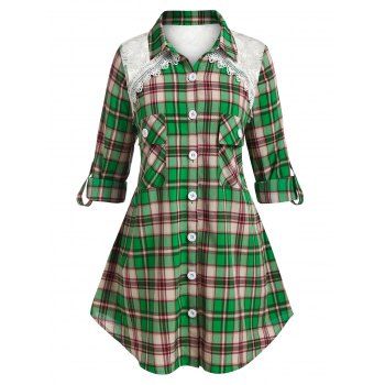 

Plus Size Plaid Lace Yoke Roll Up Sleeve Flap Pocket Shirt, Light green