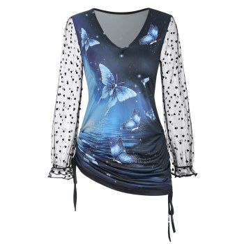 

Side Cinched Ruched Butterfly Print Heart Mesh Sleeves Top, Blue
