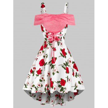 

Lace Up Cold Shoulder Floral Print Midi Dress, Pink rose