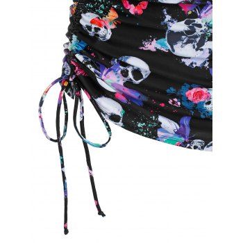 Gothic Tankini Swimwear Skull Butterfly Floral Print Bathing Suit Crossover Cinched Skirt Beach Three Piece Swimsuit