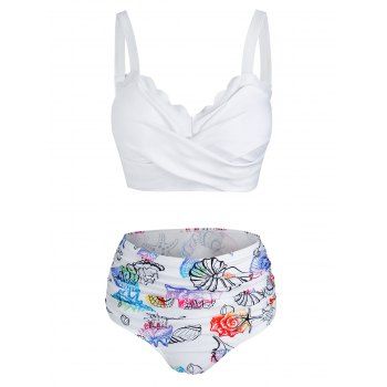 

Seashell Print Crossover Padded Bikini Set, White