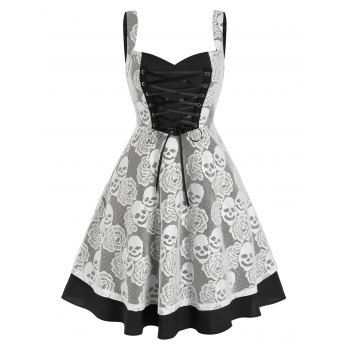 

Skull Pattern See Thru Lace Insert Halloween Dress Lace Up Sweetheart Neck Flare Dress, Black