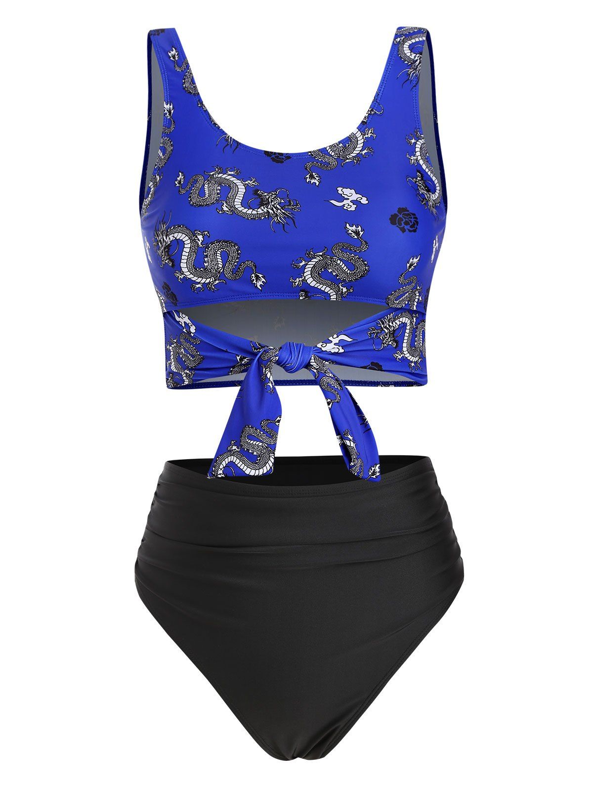 Oriental High Rise Swimsuit Dragon Knot Contrast Tankini Swimwear Set - DEEP BLUE S