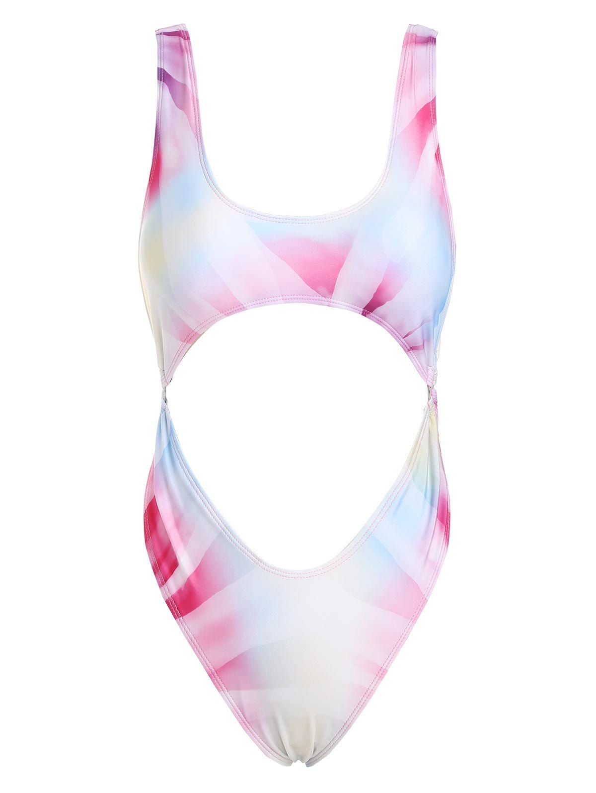 Monokini One-piece Swimsuit Tie Dye Ring Cutout High Leg One-piece Swimwear Set - LIGHT PURPLE XXL