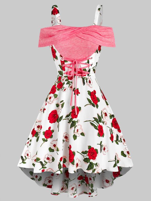 Robe Mi-longue Asymétrique à Imprimé Floral à Lacets à Épaules Nues - Rose Rosé 2XL