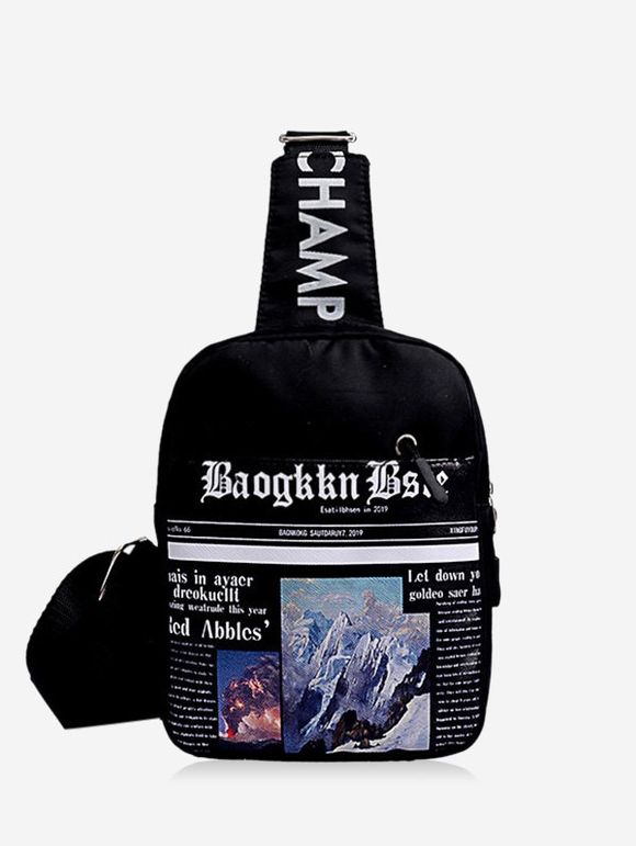 Sac de Poitrine en Toile à Imprimé Journal et Inscriptions - Noir 