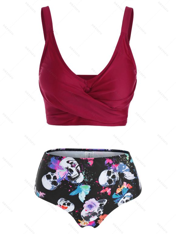 Maillot de Bain Tankini Matelassé à Imprimé Fleur Papillon Crâne Trois Pièces de Plage - Rouge foncé XXL