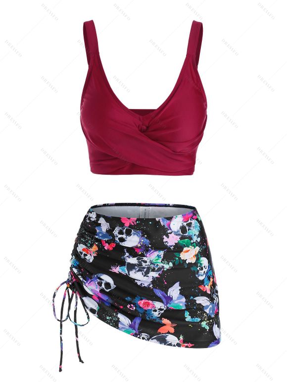 Maillot de Bain Tankini Matelassé à Imprimé Fleur Papillon Crâne Trois Pièces de Plage - Rouge foncé XXL