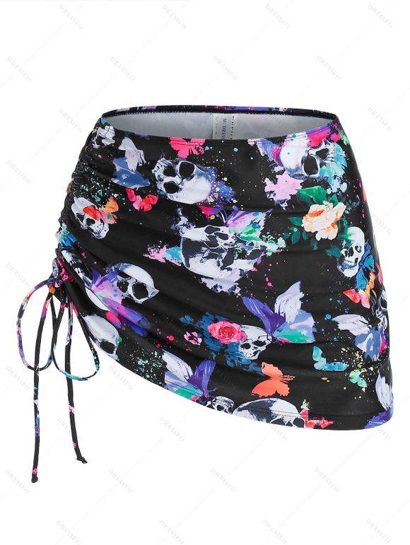 Maillot de Bain Tankini Matelassé à Imprimé Fleur Papillon Crâne Trois Pièces de Plage - Rouge foncé XXL