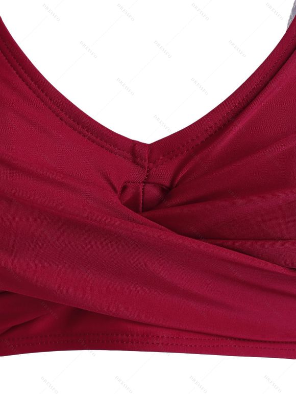 Maillot de Bain Tankini Matelassé à Imprimé Fleur Papillon Crâne Trois Pièces de Plage - Rouge foncé XXL