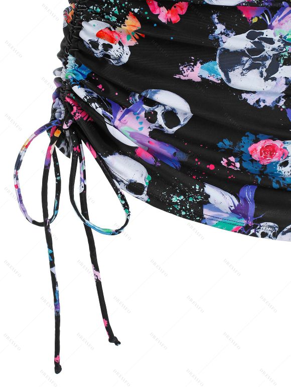 Maillot de Bain Tankini Matelassé à Imprimé Fleur Papillon Crâne Trois Pièces de Plage - Rouge foncé XXL