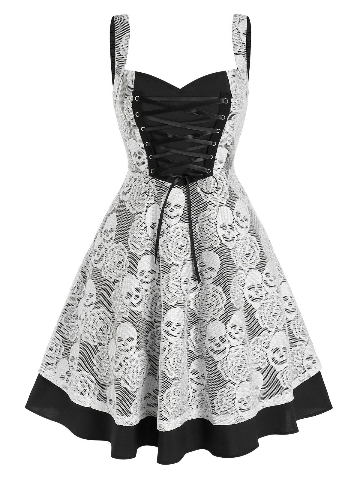 Skull Pattern See Thru Lace Insert Halloween Dress Lace Up Sweetheart Neck Flare Dress - BLACK XL