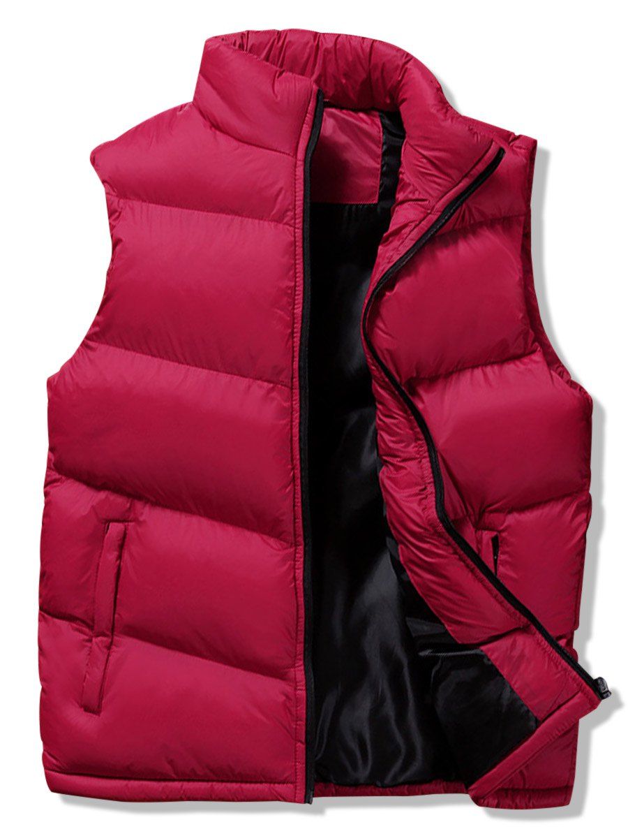 Winter Solid Casual Puffer Waistcoat - RED WINE S