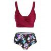Maillot de Bain Tankini Matelassé à Imprimé Fleur Papillon Crâne Trois Pièces de Plage - Rouge foncé XXL