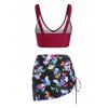 Maillot de Bain Tankini Matelassé à Imprimé Fleur Papillon Crâne Trois Pièces de Plage - Rouge foncé XXL