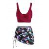 Maillot de Bain Tankini Matelassé à Imprimé Fleur Papillon Crâne Trois Pièces de Plage - Rouge foncé XXL