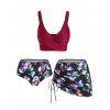 Gothic Tankini Swimwear Skull Butterfly Floral Print Bathing Suit Crossover Cinched Skirt Beach Three Piece Swimsuit - DEEP RED S