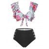 Leopard Butterfly Floral Print Swimsuit Ruffle Cut Out Knot Tankini Swimwear - BLACK XL