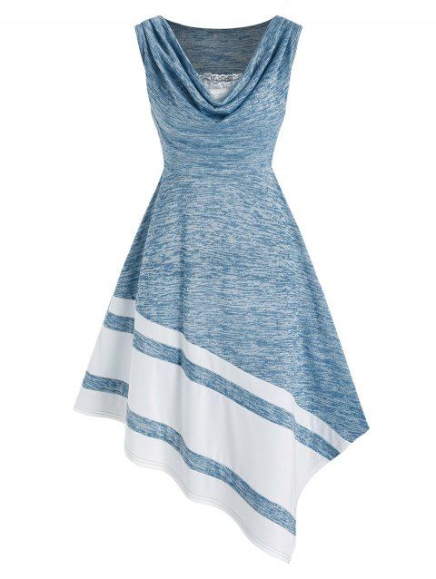 Space Dye Print Contrast Colorblock Asymmetric Dress Cowl Neck Lace Ruffles Insert Sleeveless Dress