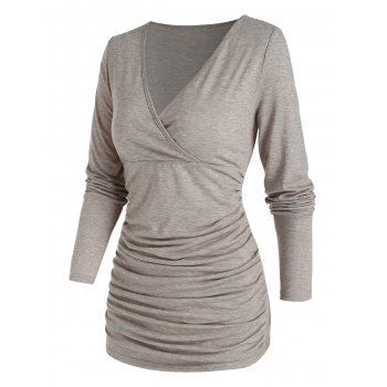 

Ruched Surplice Solid T Shirt, Coffee