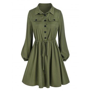 

Half Button Drawstring Lantern Sleeve Mini Dress, Deep green