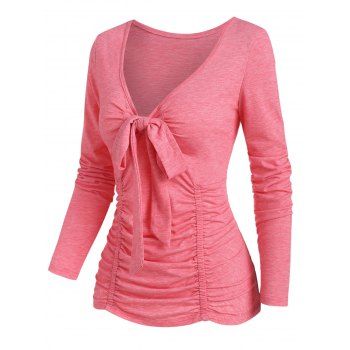 

Bowknot Plunging Ruched T Shirt, Light pink