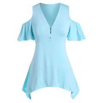 

Plus Size Cold Shoulder Half Zipper Handkerchief Tee, Light blue