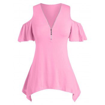

Plus Size Cold Shoulder Half Zipper Handkerchief Tee, Light pink
