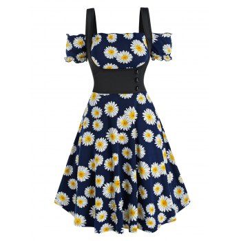 

Daisy Print Off The Shoulder A Line Vacation Dress and Top Twinset, Deep blue